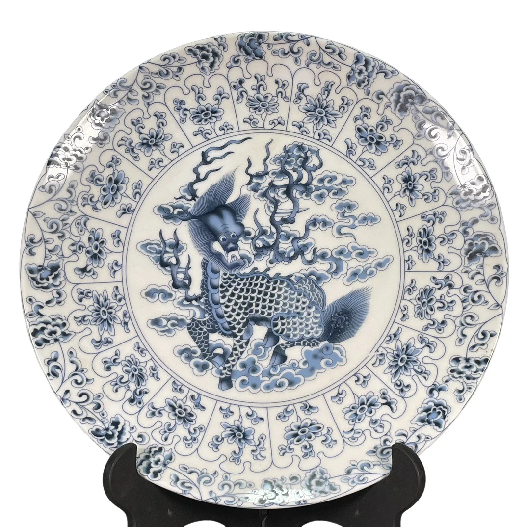 Chinese Wucai Kylin Decor Plate Daqing Qianlong Mark Style Jingdezhen Ceramic Collectible Home Ornament