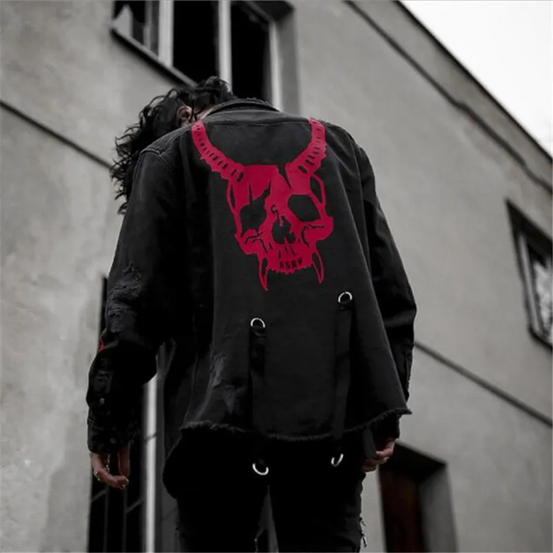 Harajuku Gothic Demon Hunter Skull Black Denim Jacket Men Rock Punk Heavy Metal Sweatshirt Sudadera Suspenders Hole Streetwear