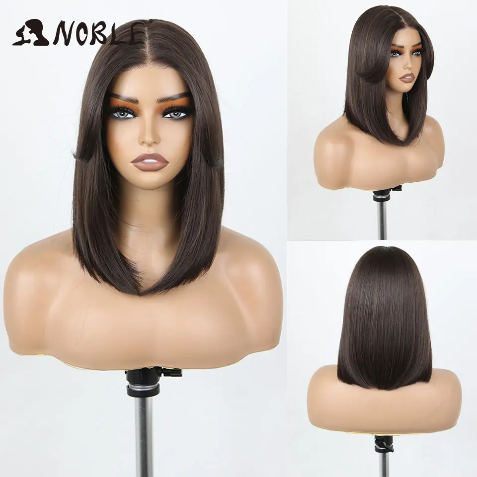 Noble Cosplay Lace Wigs Synthetic Lace Wigs For Women 12 Inch Short Bob Wig With Bangs Pre Plucked Pre-Cut Dark Brown Blonde Wig