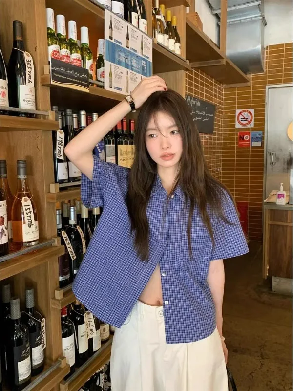 Blue Casual Plaid Short Sleeve Shirt Women Summer Loose Collar American Retro College Style New Top Buttoned Polyester Fiber