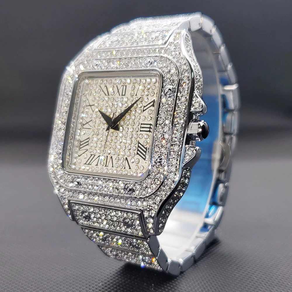 Men\'s Quartz Wristwatches Iced Out Luxury Jewelry Watches Square Watch Men Full Diamond Unique Dropshipping Reloj Para Hombre