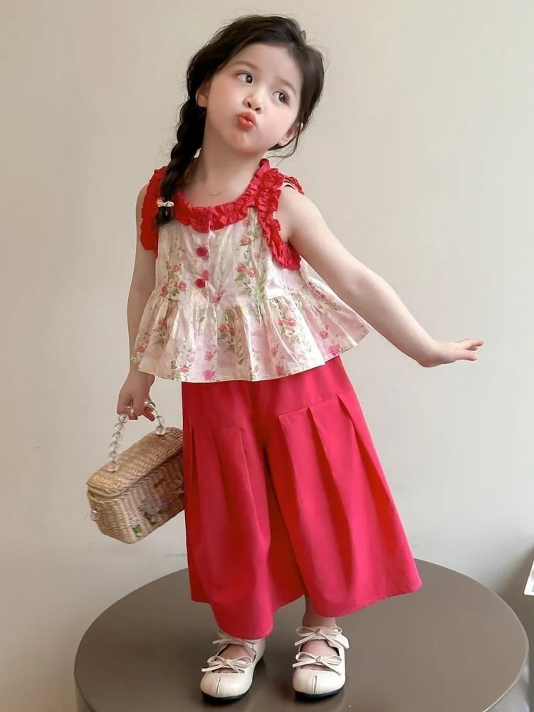 

Summer Floral Lace Casual Wide Leg Pants Two Piece Set for Little Girls Faionable Cotton Crop Top And Pants Outfit