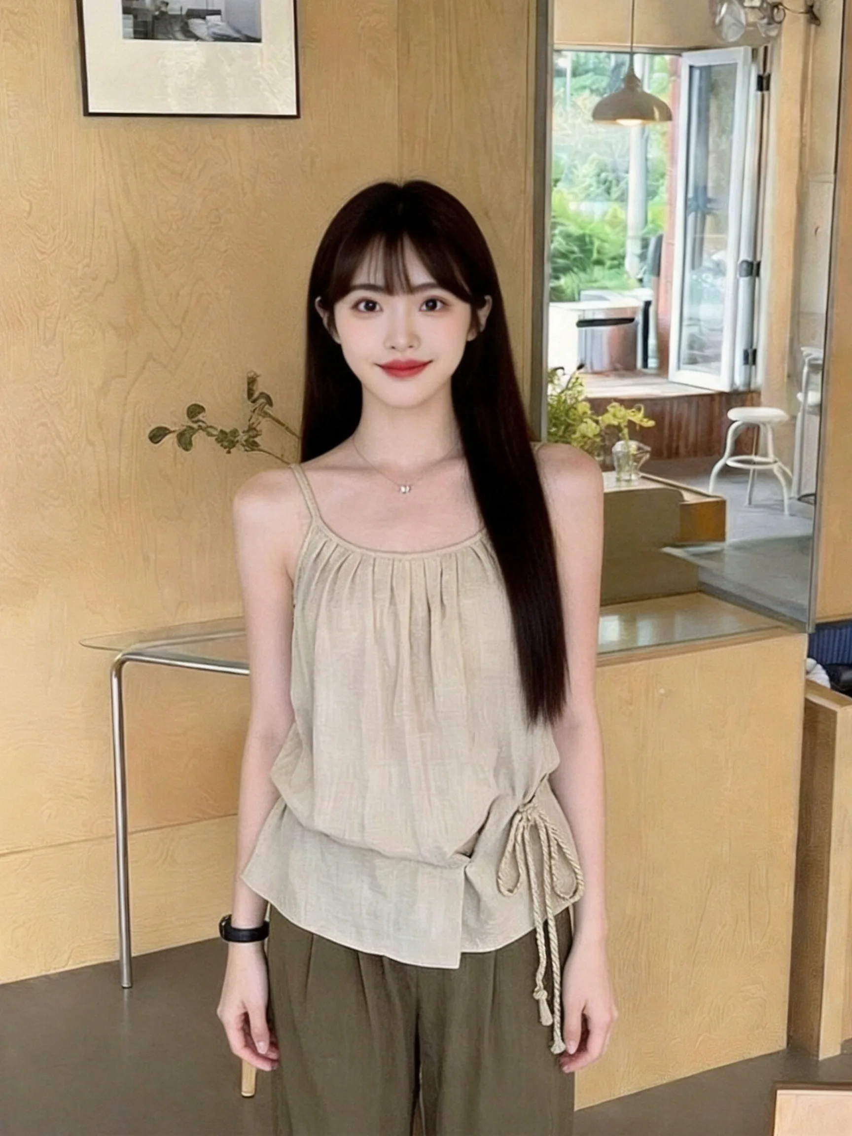 Korean Style Gathered Sleeveless Backless Tank Top Women Summer Outdoor Wear Waist Cinching Belt Design Slimming Aesthetic Top