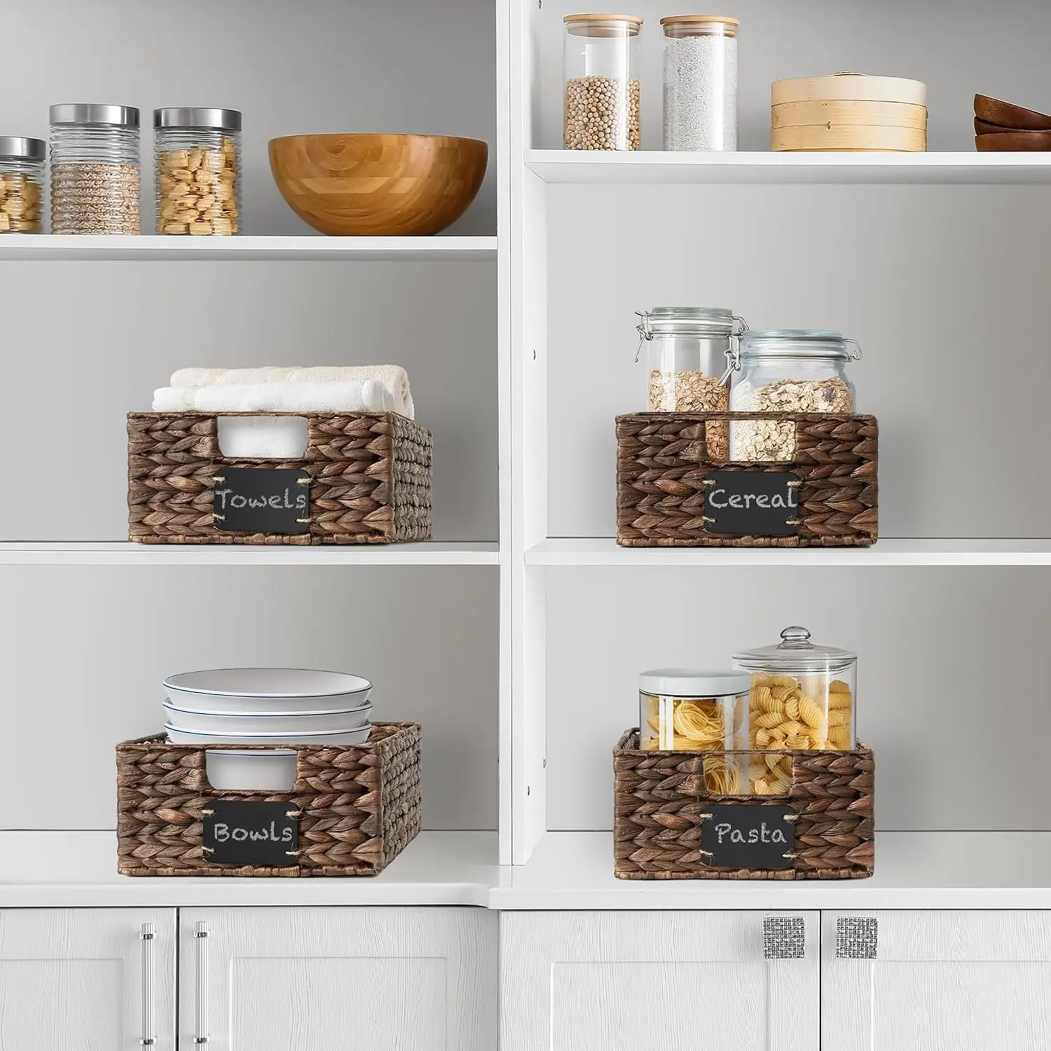 Set of 4 Water Hyacinth Pantry Baskets, 10' X 13' X 5', with Chalkboard Labels and Chalk Marker - Espresso, Woven Storage Bin Organizers for Kitchen Shelves