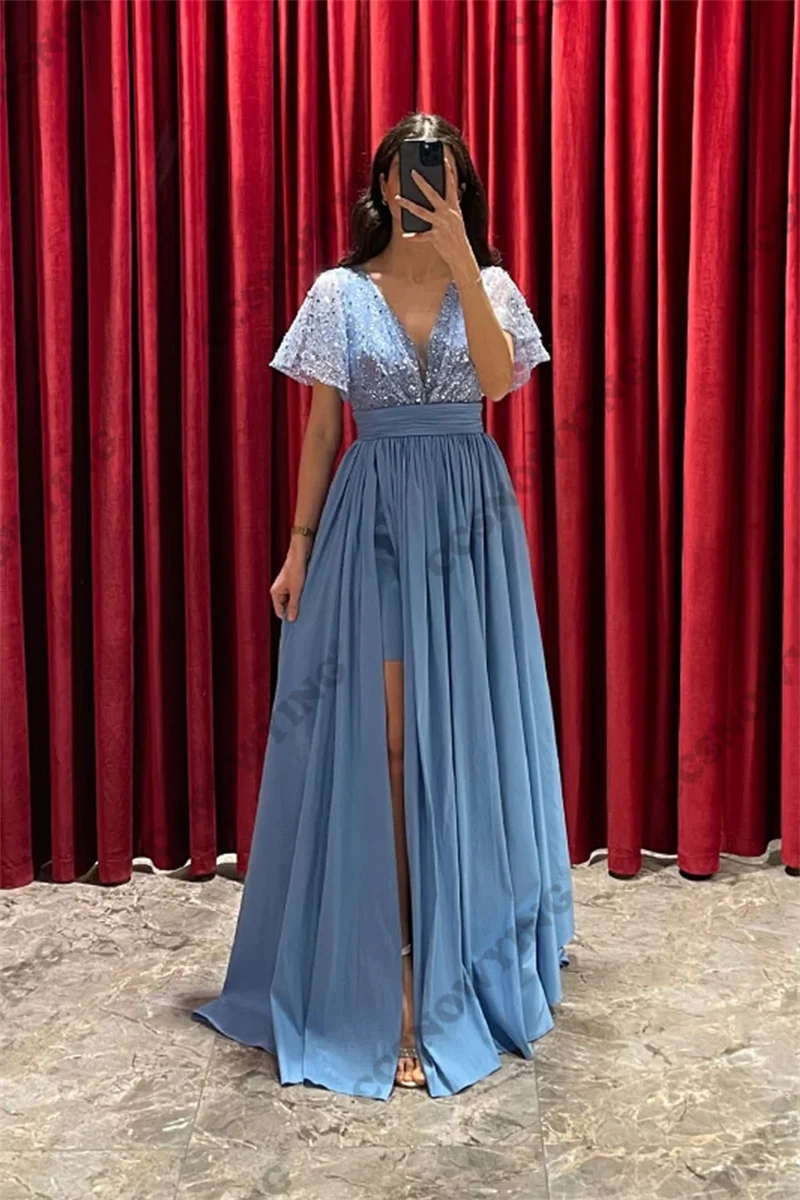 Blue Chiffon Sequin Short Sleeve Prom Dresses V Neck Formal Evening Party Gown High Slit Side A Line Robe De Soiree