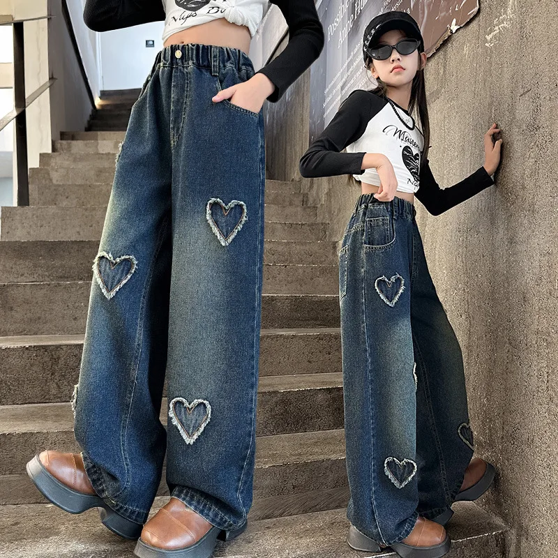 Child Retro Blue Heart Jeans For Girl Fashion Staight Cut Denim Pants Teenager Kids Casual Regular Jeans Trousers 5 7 9 11 13 14