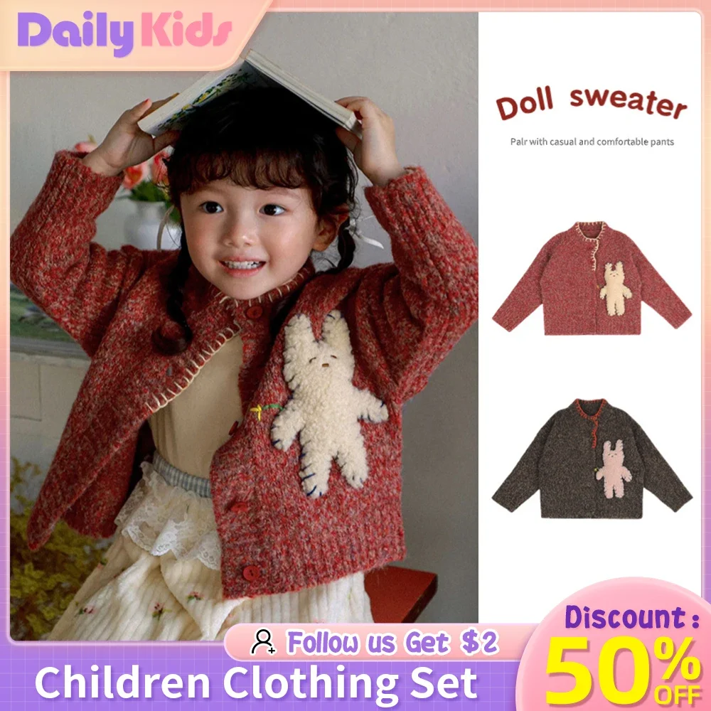 

Korean Kids Clothes Knitwear Cardigan Pants For 2024 Spring Child Girls Outwear Knitted Jackets Sweater Children's Clothings