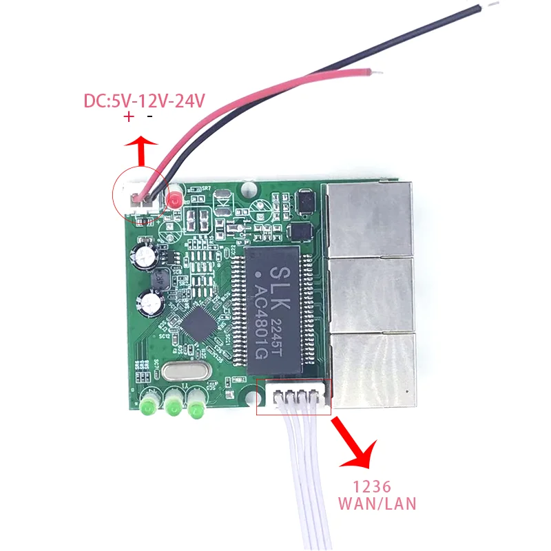 Mini PCBA 4 porty Networkmini moduł włącznik ethernet 10/100Mbps 5V 12V 15V 18V 24V