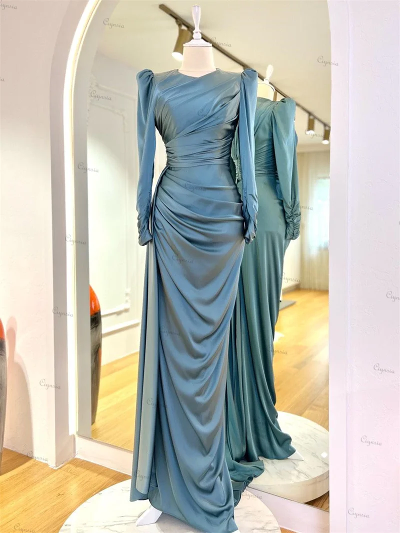 Ciynsia Blue Long Sleeve Musilm Evening Dresses Mermaid O-Neck Satin Dubai Arabic Formal Gown Prom vestidos elegantes para mujer