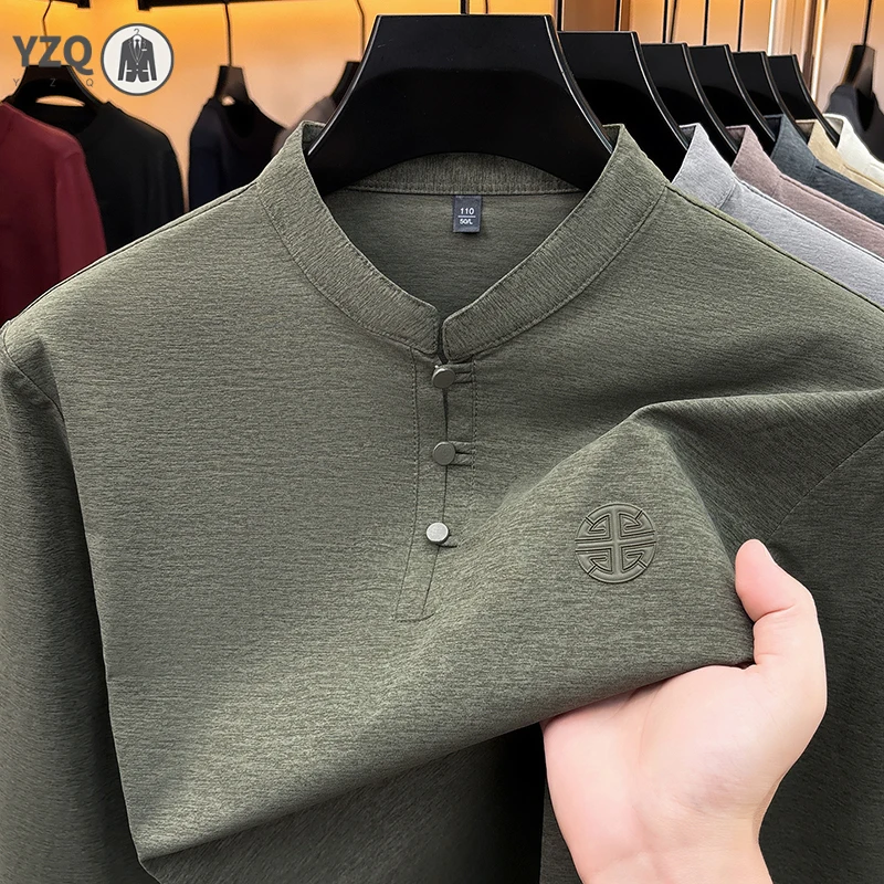 Men Stand Neck Long Sleeve Basic Shirt Three Button Closure Chest Embossed Mark Soft Fabric Relax Leisure Garment