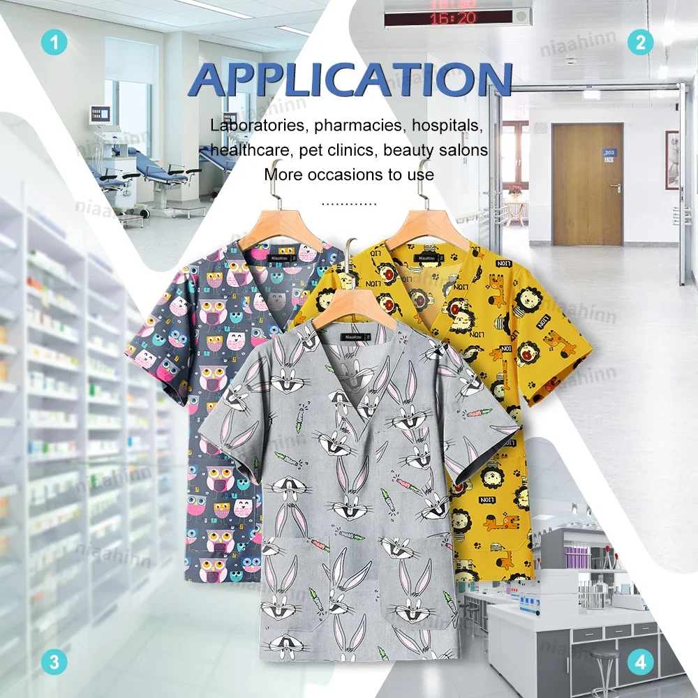 Uniformi mediche stampate in cotone Accessori per infermiere per lavoro Scrub chirurgico da medico Modello cartoon Camicia a maniche corte Donna Uomo