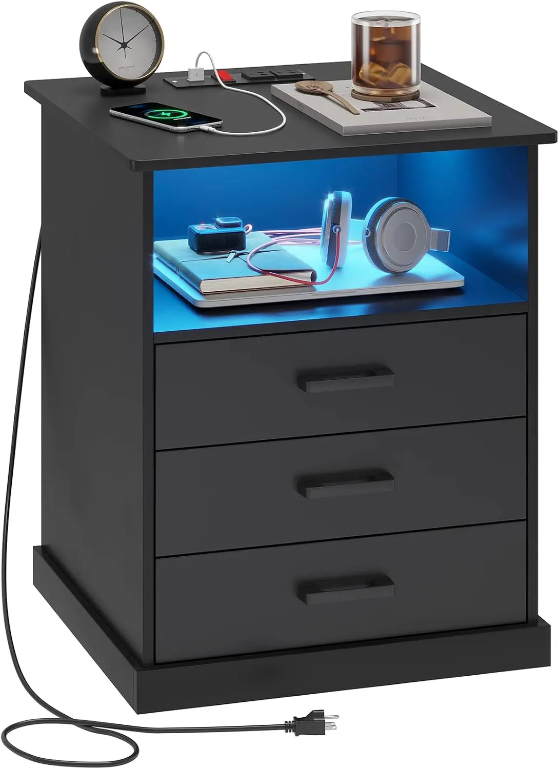 Nightstand with Charging Station and LED Lights, Large Bedside Table with 3 Storage Drawer, Black Night Stand for Bedroom