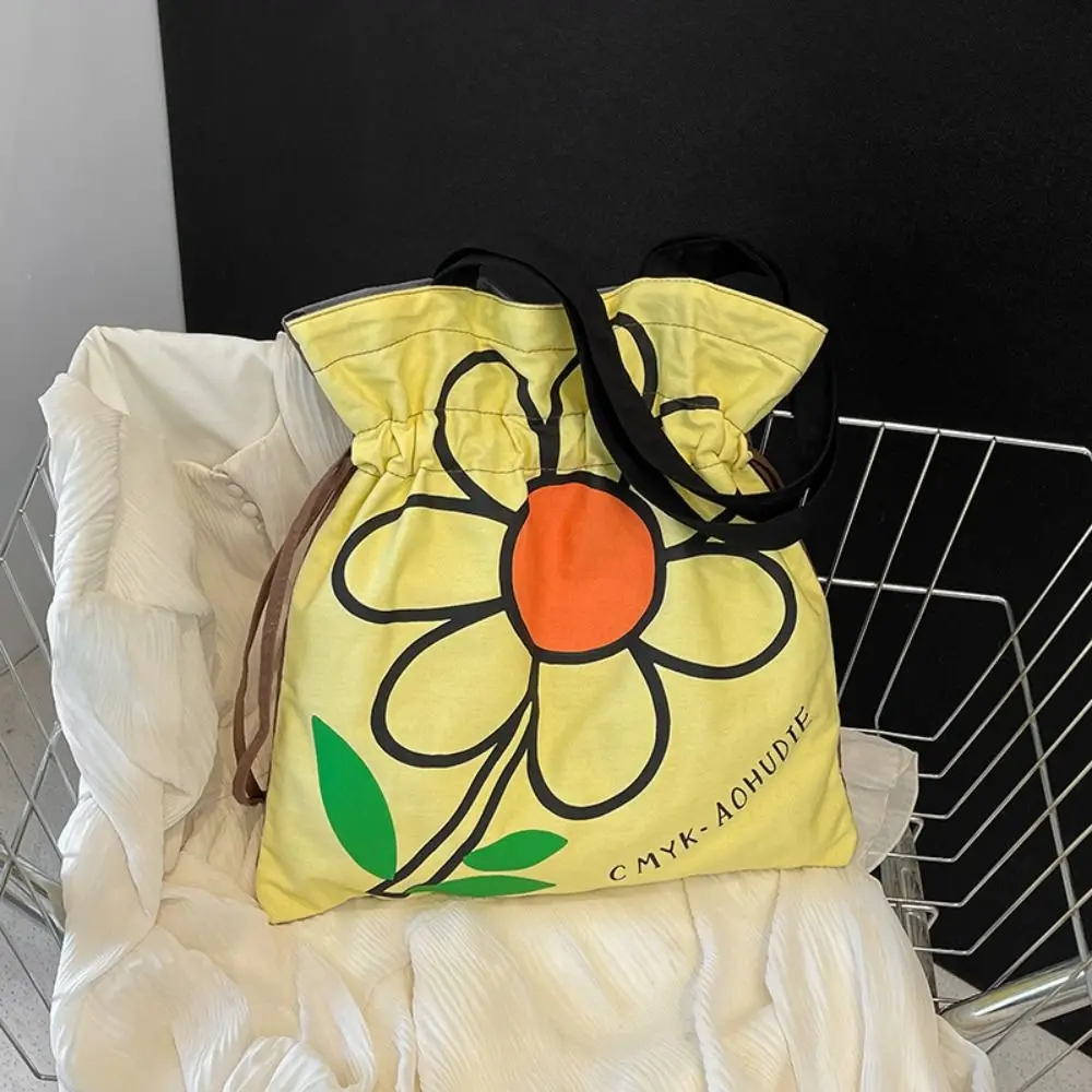 

Vintage Korean Style Flower Shoulder Bag Fashion Printing Drawstring Bag Cute Large Capacity Printed Handbag Shopping Bag