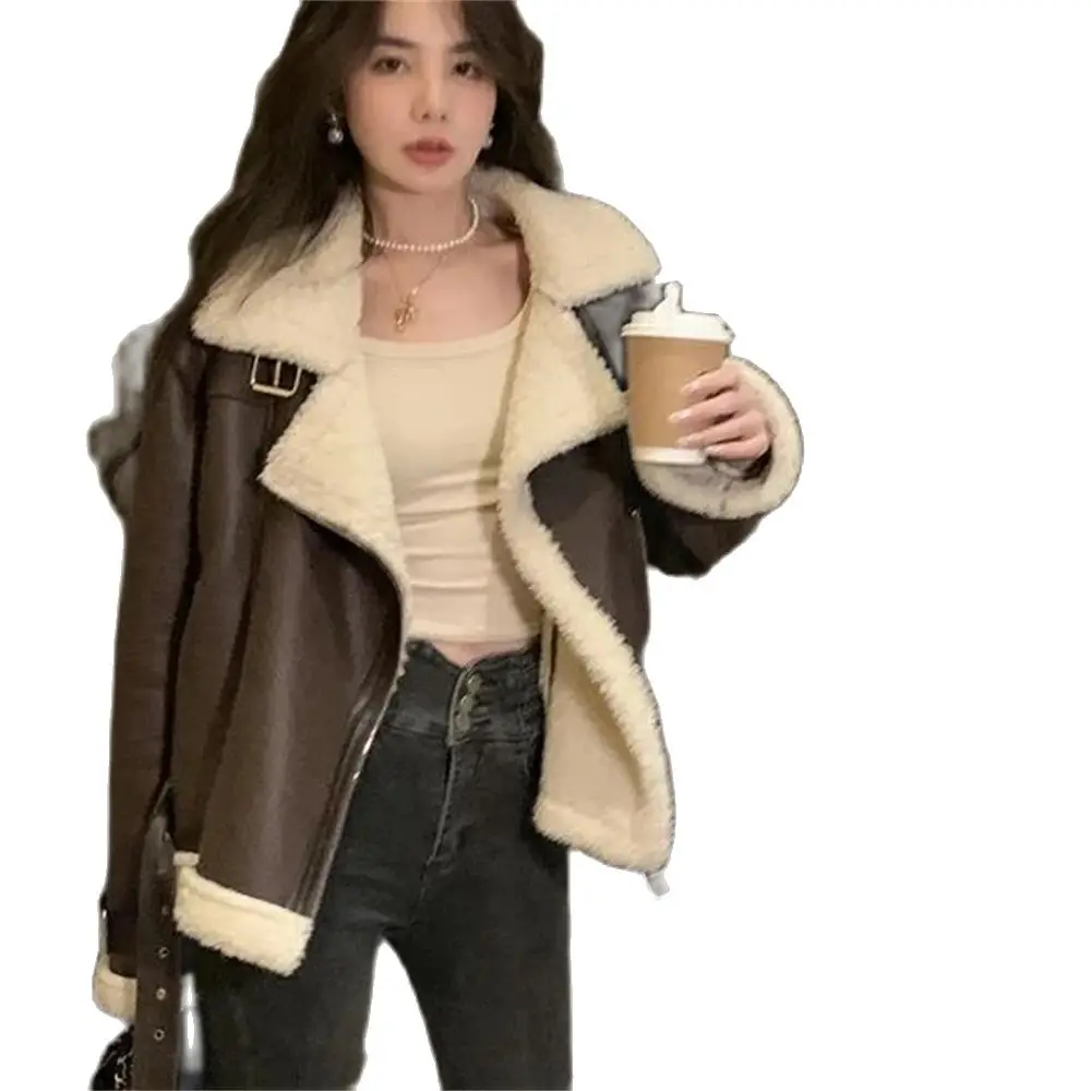 Woman\'s Fashion Thick Warm Faux Shearling Jacket Coat Vintage Long Sleeve Belt Hem Female Outerwear Chic Tops