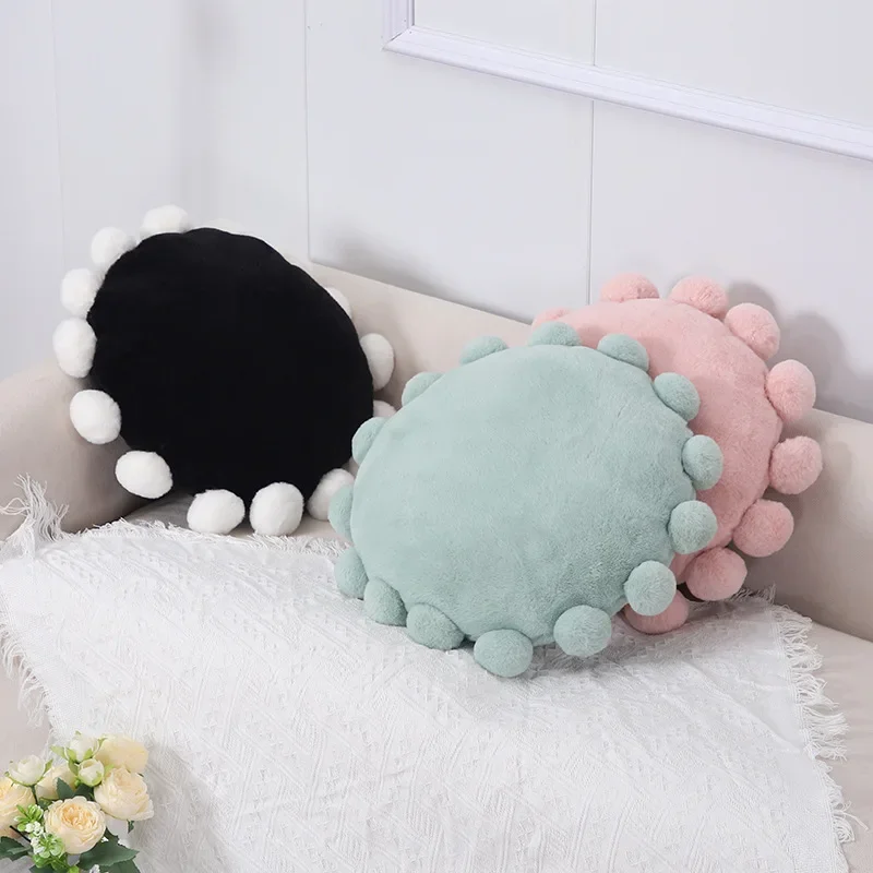 New Imitation Rabbit Fur Ball Pillow French Cream Wind Hand Sewn Cushion Plush Solid Color Circular Sofa Decor Round Cushions