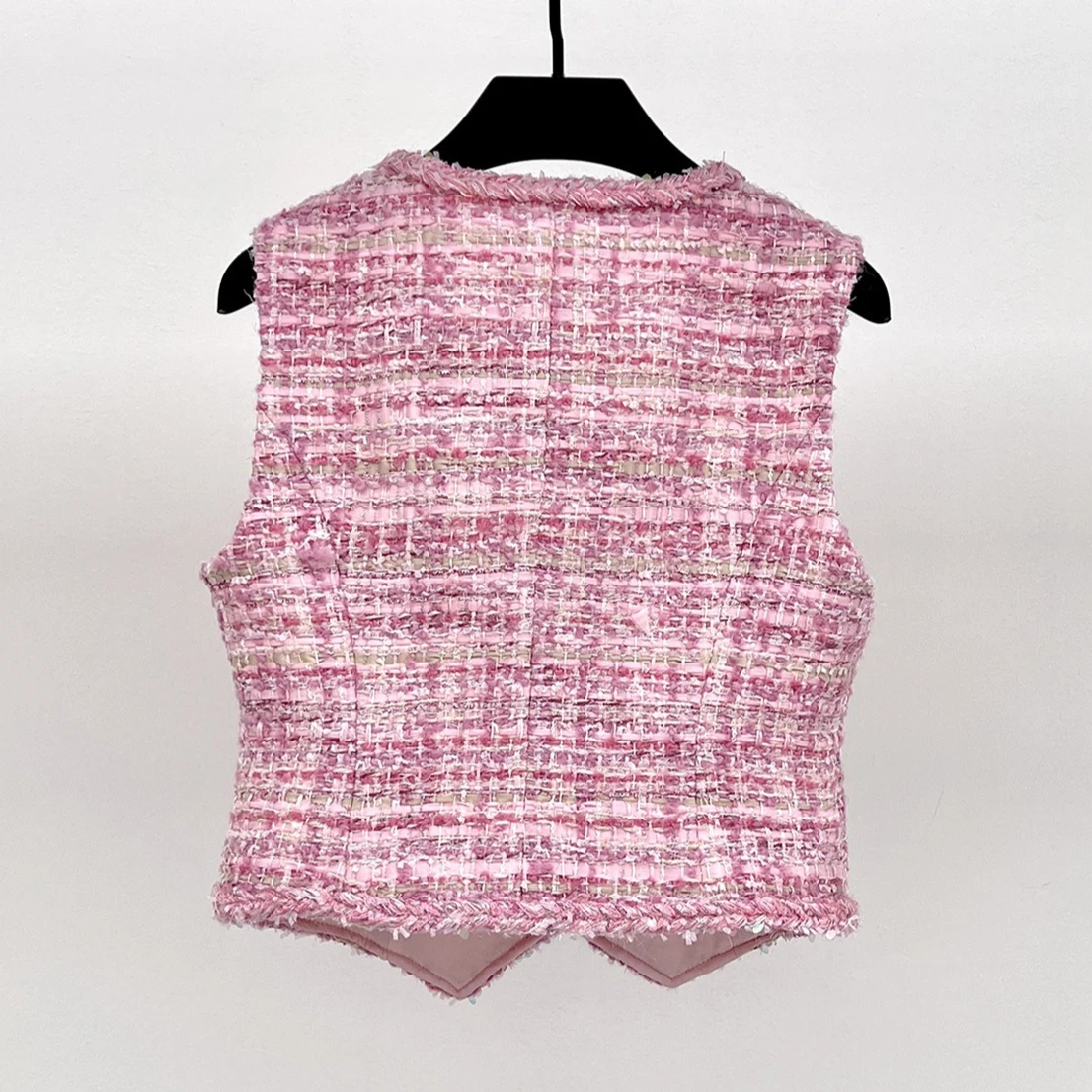New Pink Plaid Wool Tweed Vest Women Y2k Small Fragrant Cropped Vest V-neck Sleeveless Short Women's Vest