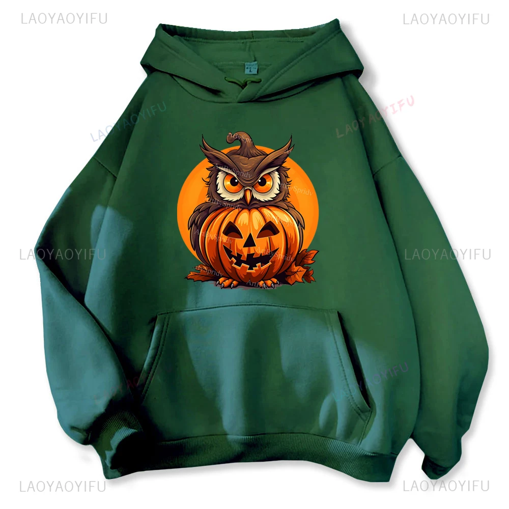 Kawaii Cartoon sowa lampa dyniowa graficzna Hallowmas bluza z kapturem Cukierek albo psikus ciepłe i wiatroszczelne Harajuku Casual bluzy dla par