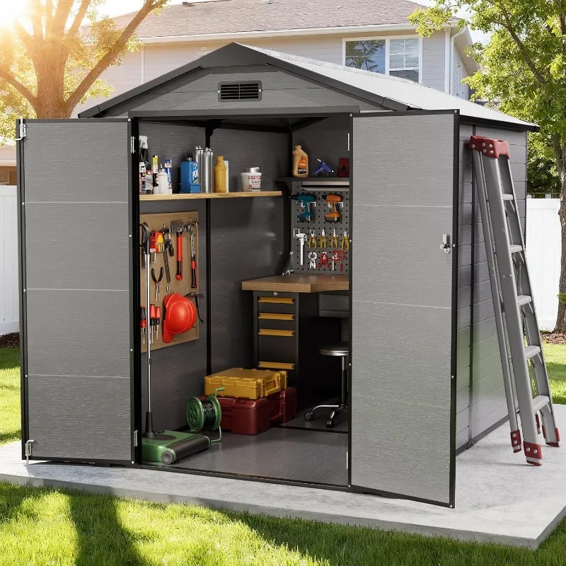 6x8 FT Plastic Outdoor Storage Shed with Floor, Spacious Backyard, Garden, Patio Resin Shed,  Organization, Grey & Black