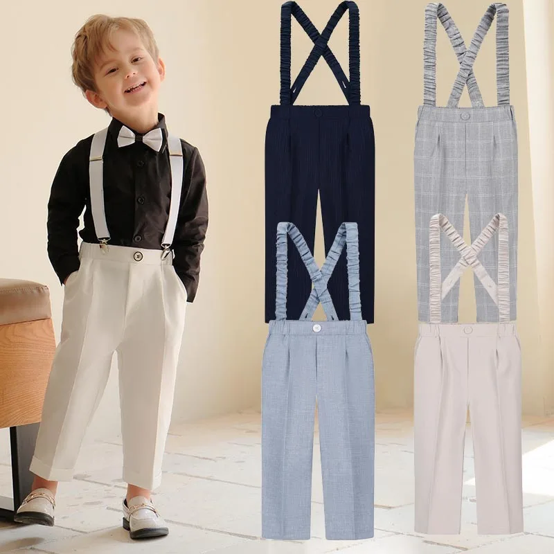 

Boy Suit Bib Pants Solid All-match School Uniform Trousers for Children Formal Wedding Pants Khaki Gentlemen Performance Costume