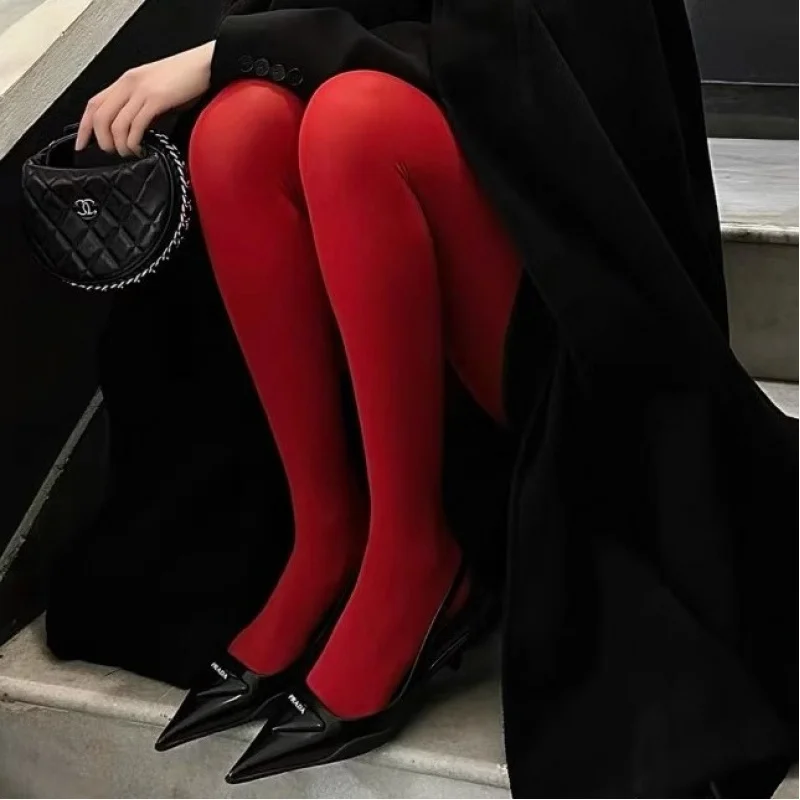 SOURCE Factory Red Pantyhose Women's Vintage Velvet Autumn and Winter Stockings Inner and Outer Wear Slimming Distribution Deliv