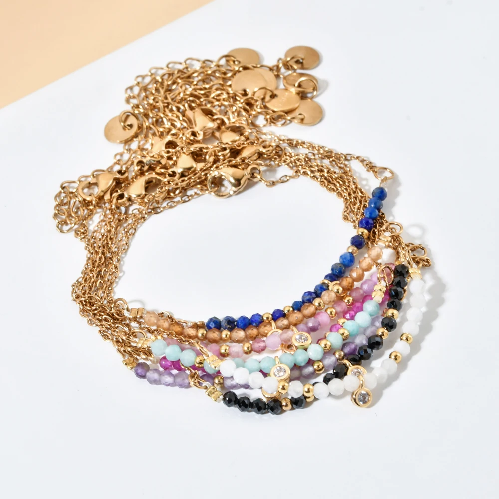 Boho Handmade Natural Stone Bracelets Healing Quartz Small Beaded Bracelets Adjustable stainless steel Chain Bangles Wholesale