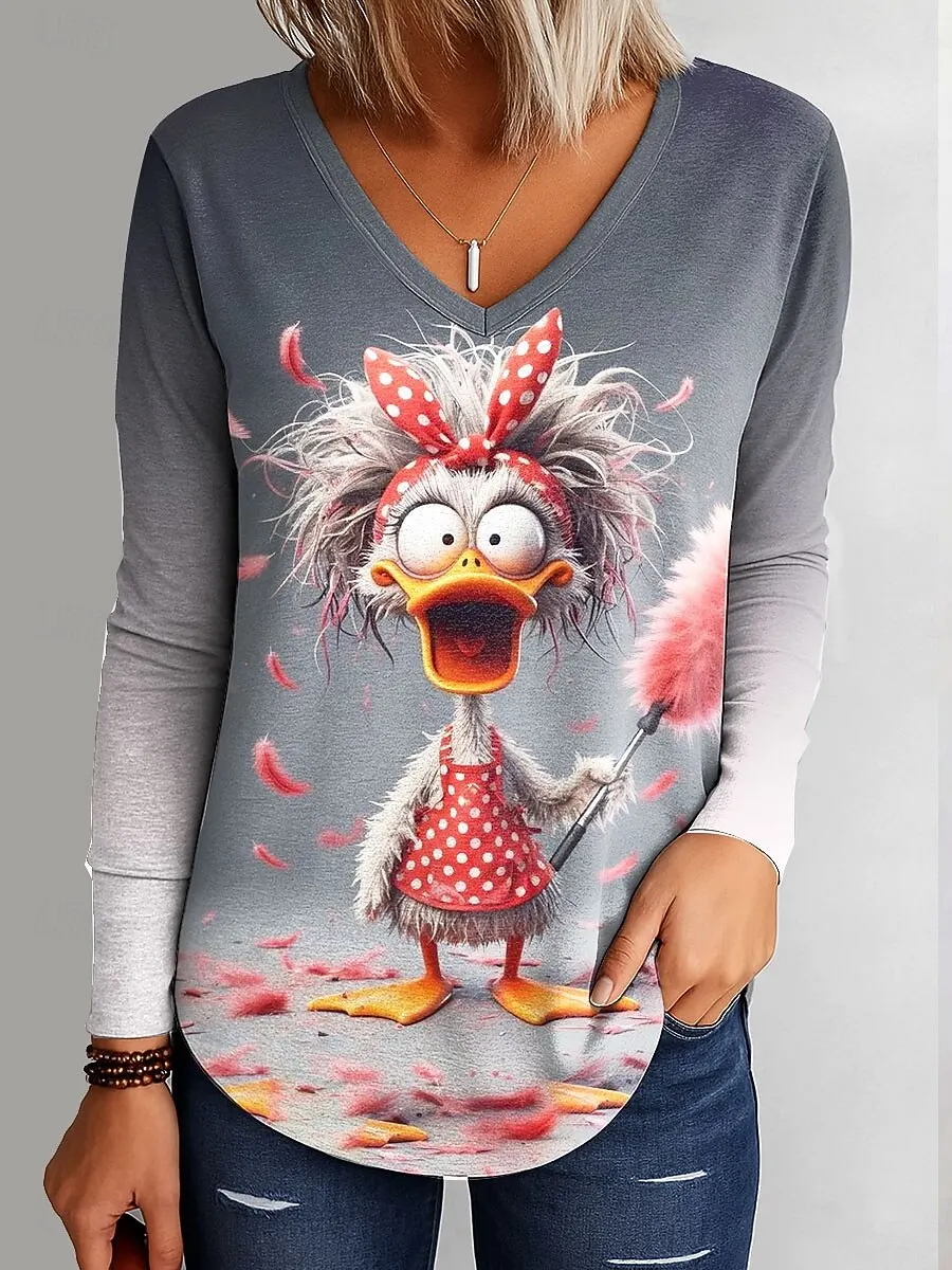 

Women's T-Shirt Ombre Graphic Duck Elegant Fashion Tee Long Sleeve T-shirts V-Neck Regular Tops Pullover Fall Winter