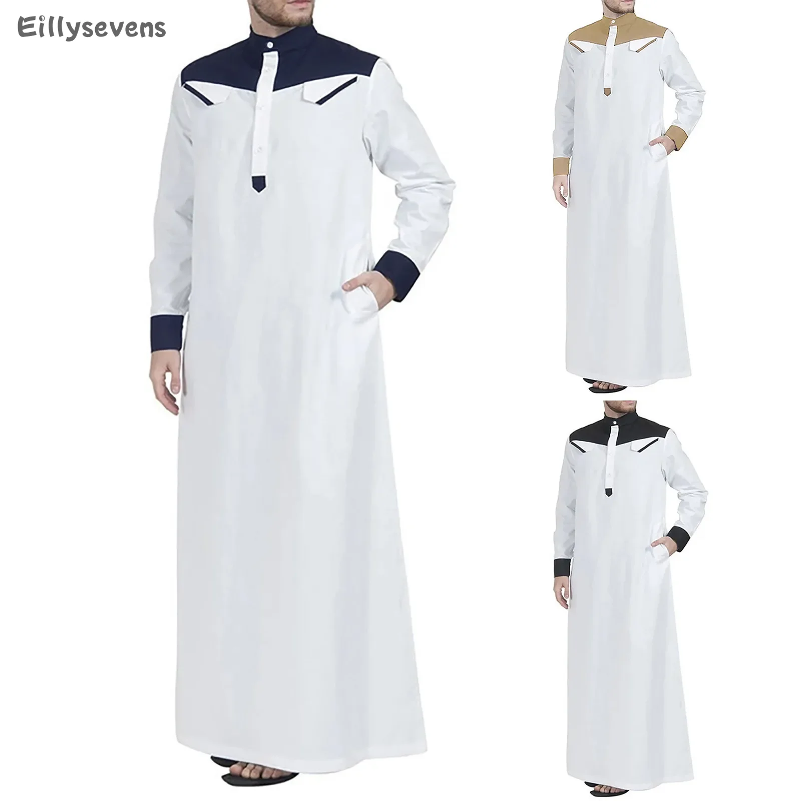 Men's muslim robe Saudi Arabic Long Sleeve Robe Fashion Ramadan muslim men clothing Middle Islamic tie Contrasting colors islam