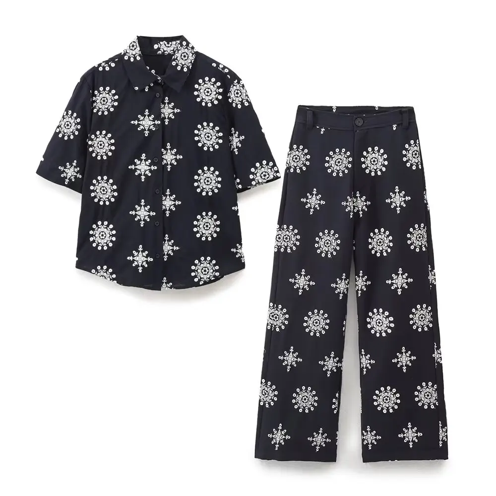 PB & ZA-Women's Contrast Embroidered Shirt+High Waist Pants Set, Retro, Casual Chic Female Set, New Fashion, Autumn, 2024, 2 Pcs