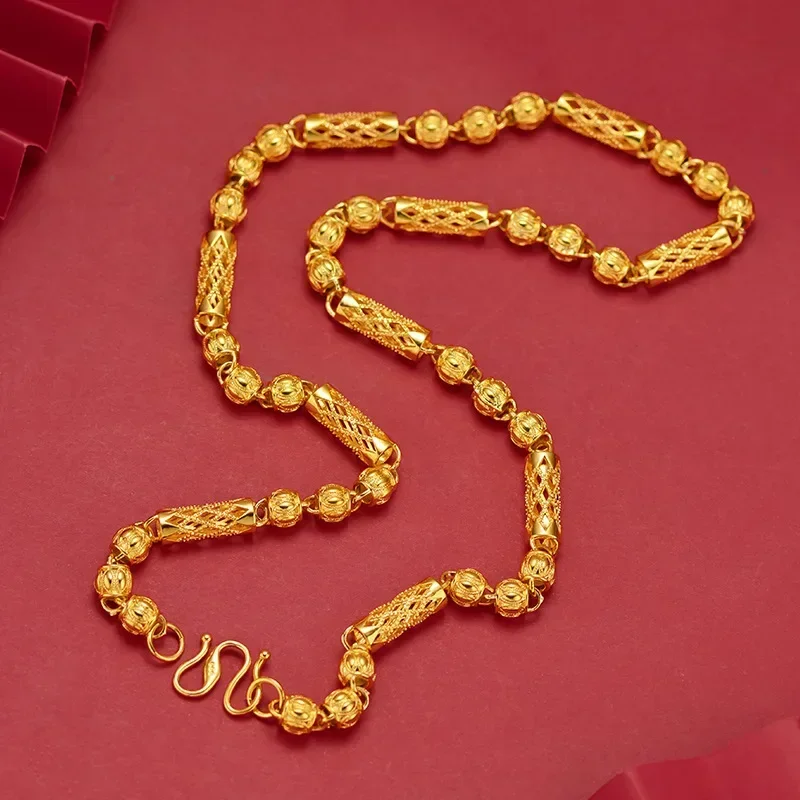 

9999 Real Gold 24K Men's Hollow Carved Grid Cylinder with Frosted Bead Necklace Fashion