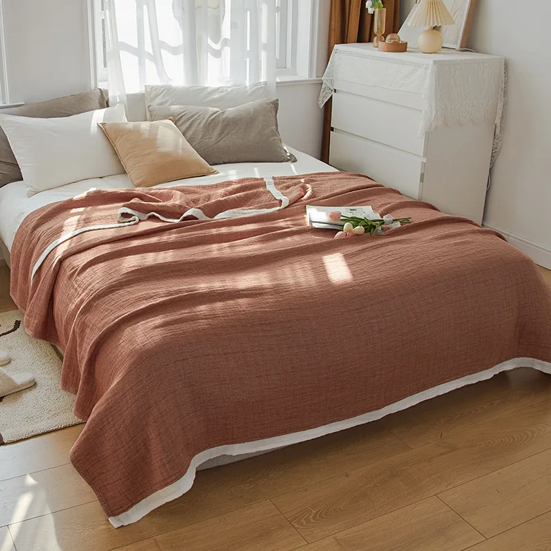 Plaid Cotton Blanket Bed Summer 4 Layer Gauze Thin Towel Quilt Soft Queen King Bed Sheet Bedspread Bed Cover Bedding Grey Beige
