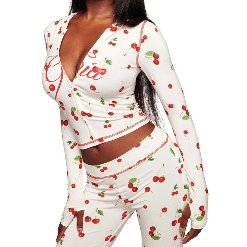 

Chic Y2K Cherry Print 2 Piece Tracksuit for Women Zip-Up Long Sleeve Crop Top + Flare Leg Pants Trendy Casual Streetwear Outfit