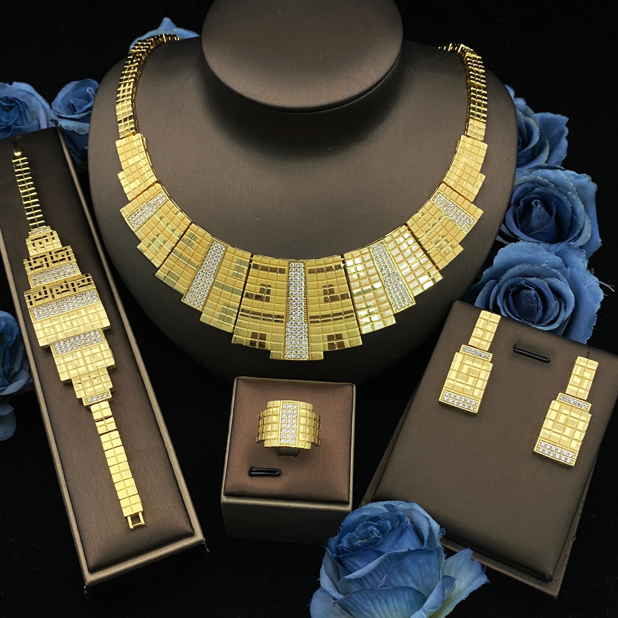 

JRH свадебные 4 шт. роскошные циркониевые позолоченные ожерелья серьги браслет кольцо Африка Дубай свадебный подарочный набор