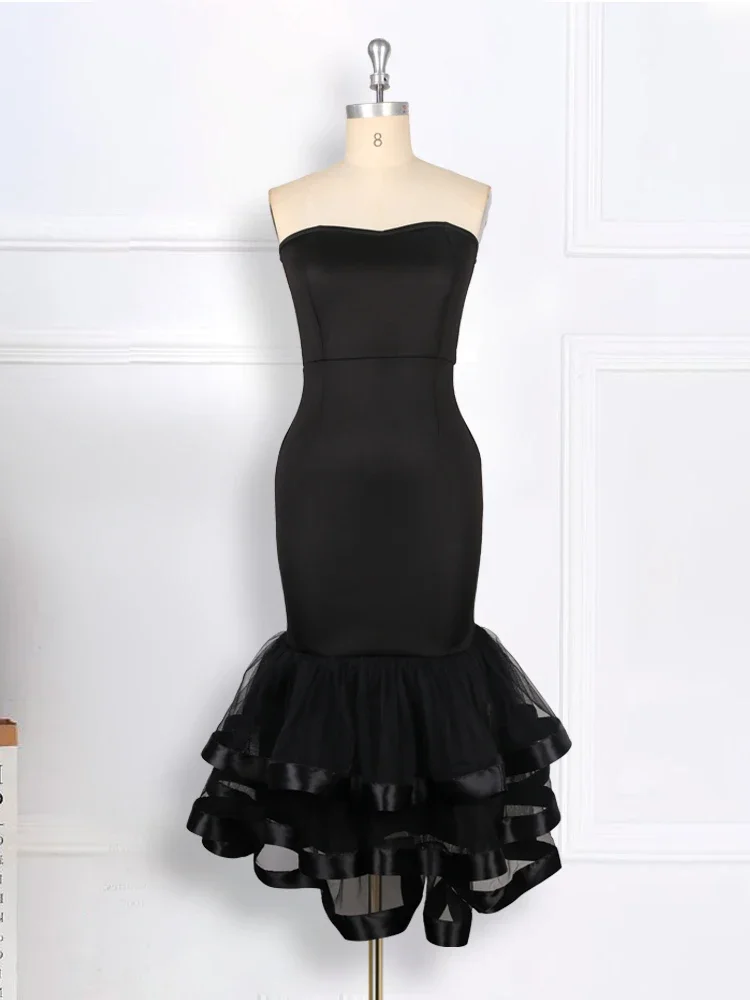 Plus Size Midi Dresses Black Strapless Sexy Evening Birthday Event Party Gowns for Women Tube Tops Outfits Summer 2024