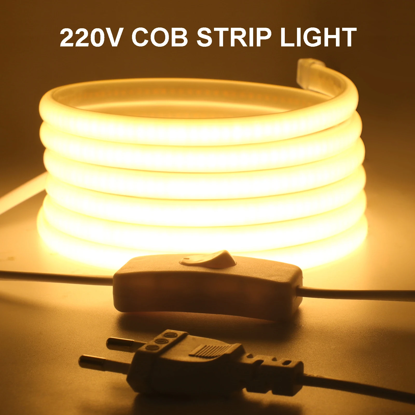 220V COB LED Strip Light High Bright 288LEDs/m RA90 Flexible Outdoor Lamp Waterproof Neon Tape With Dimmer Switch EU Power Plug