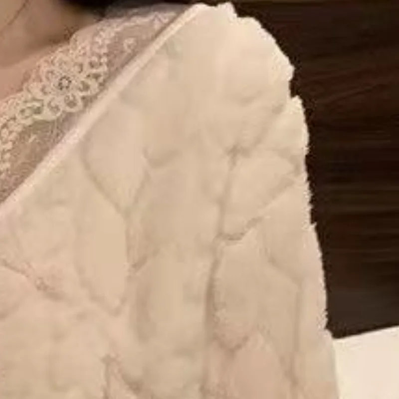 

2026 Women Winter New Fashion Soft Comfort Nightwear Cardigan Long Sleeve Thickened Warm Lace Edge Sweetcute Home Furnishing Set