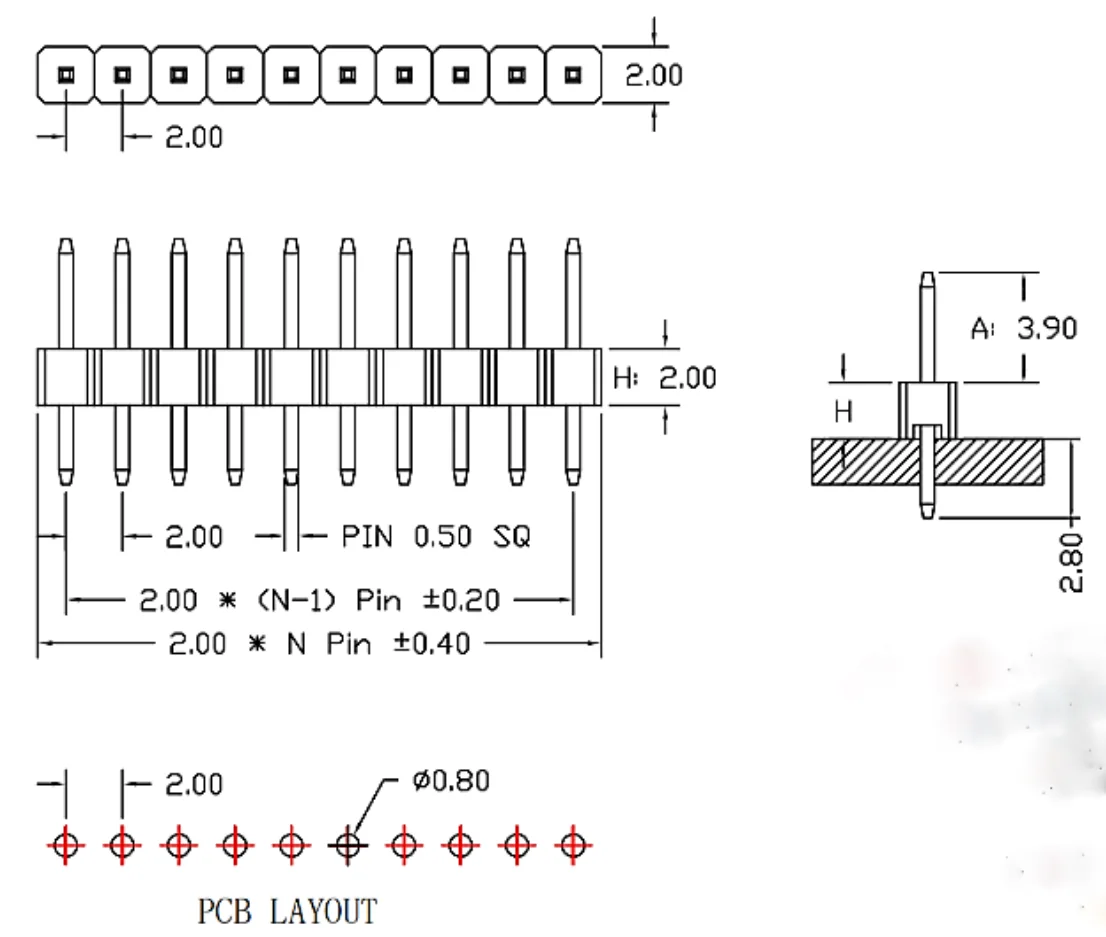 10PCS/1X40P needle arrangement / 2.0Pitch     1X40P Mother Row/ 2.0 Pitch               Direct insertion pin and mother