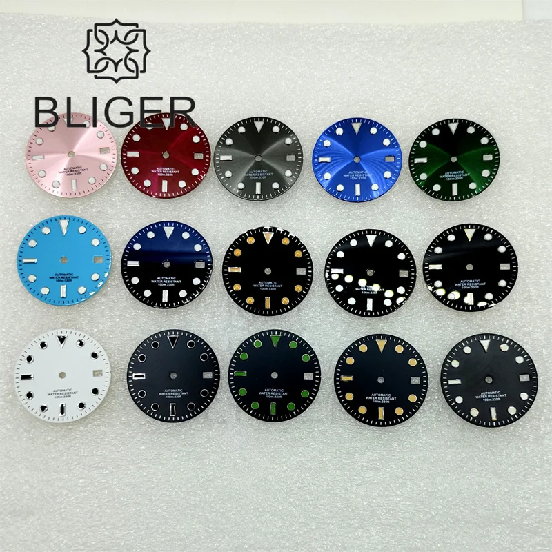 BLIGER 29mm Sunburst/Matte/Glossy 3.0 Crown Watch Dial Black Pink Red Dial Blue/Green Luminous Fit NH35 Movement Date Window