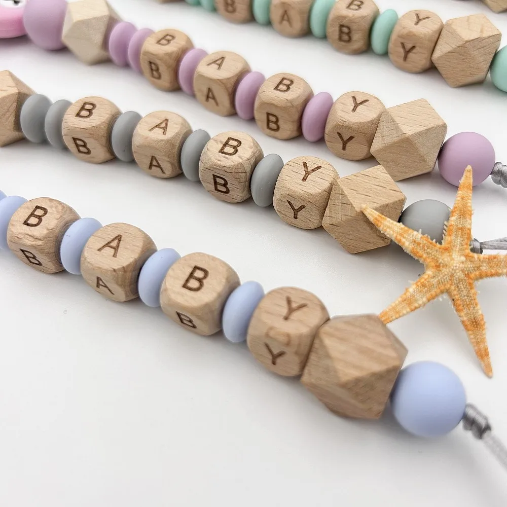 Personalized English Wooden Letters Name Baby Polar Bear Silicone Pendant Pacifier Clips Chains Holder Teether Baby Kawaii Gifts