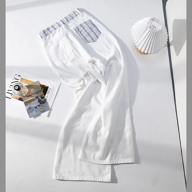 Branco perna larga jeans para mulheres verão fino casual solto listrado bolso denim calças moda cintura alta em linha reta calças finas