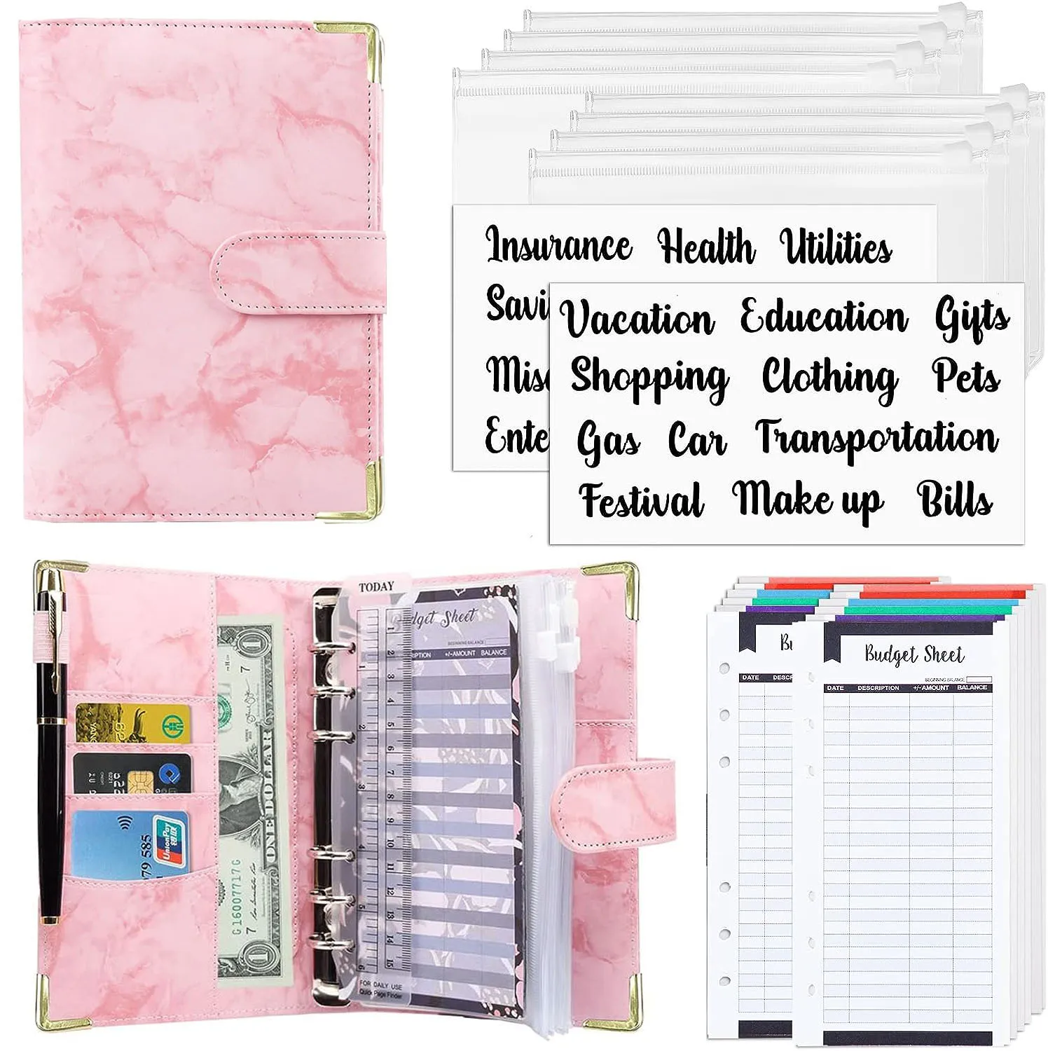 

A6 PU Leather Marble Notebook Binder Budget Planner Money Organizer for Cash Savings Zipper Envelope Pockets Stickers