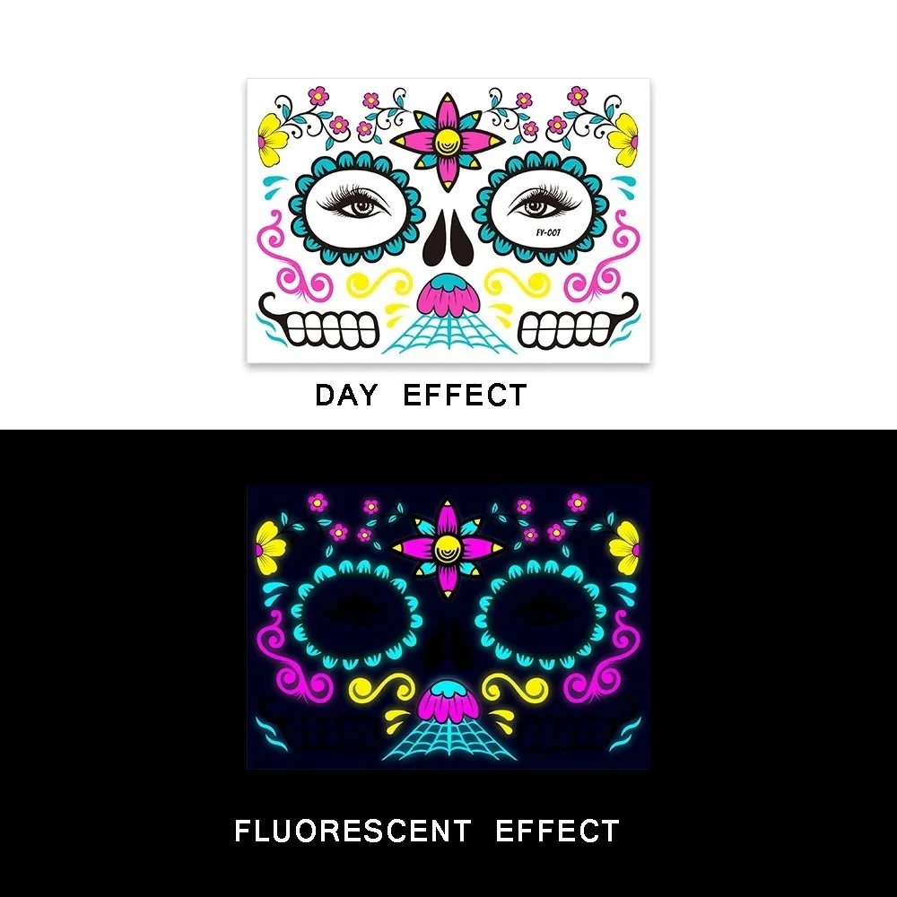 Fluorescent Halloween Face Tattoo Sticker Day Of The Dead Funny Temporary Neon Mask For Festival Masquerade Party Makeup Tatue