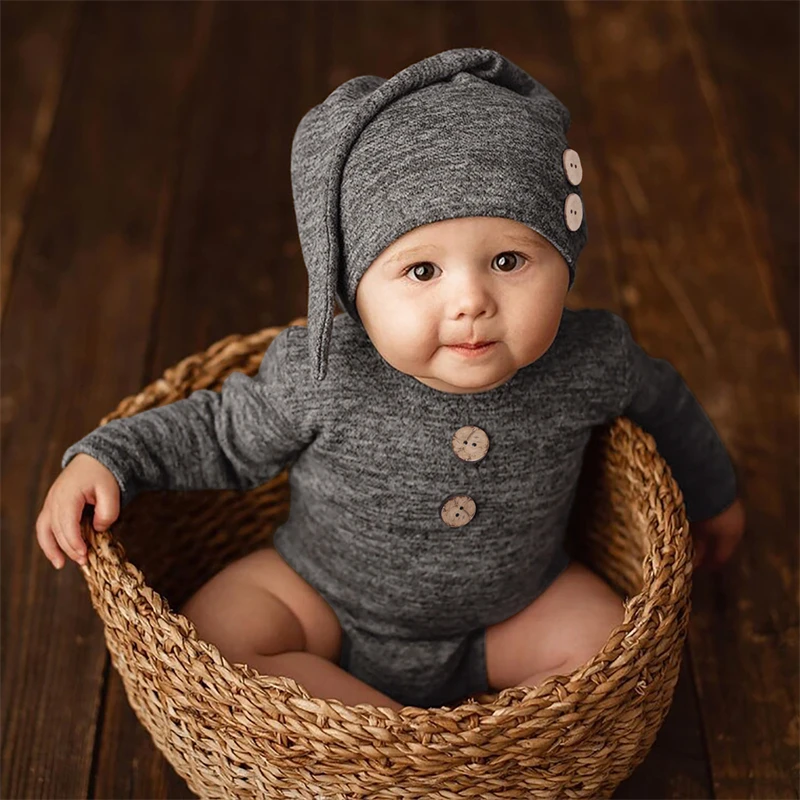 Soft Comfortable Romper + Hat 2pcs Sets For Newborn Photography Baby Boys Girls Photo Shoot Clothing Outfits With Buttons