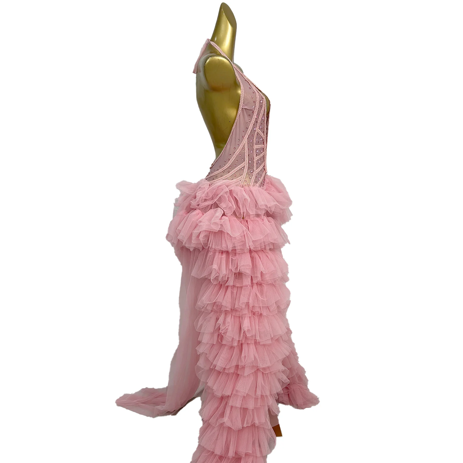 مثير الوردي كريستال شبكة حفلة عيد ميلاد فستان طويل مهرجان الكرة ثوب المرأة عارية الذراعين مساء مأدبة فستان تظهر مهرجان الزي #4