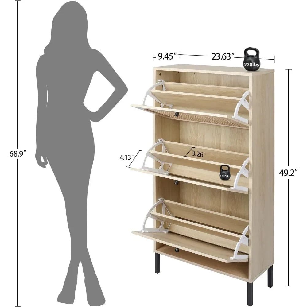 Gabinete de almacenamiento de zapatos de ratán natural con cajones abatibles para entrada, zapatero de madera independiente oculto con 3 cajones, delgado (Beige)