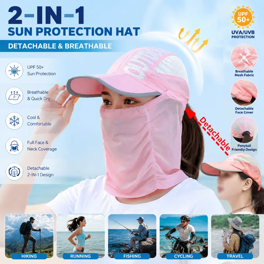 2-in-1Breathable Sun Cap with Detachable Face&Neck Shield Snap Button Baseball Hat UV Protection Hat for Cycling Fishing Hiking