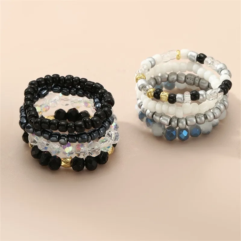 

Fashionable Bohemian Crystal Beaded Elastic Ring Set for Women Cross-Border Jewelry Boho Style Stretch Ring with Rice Beads