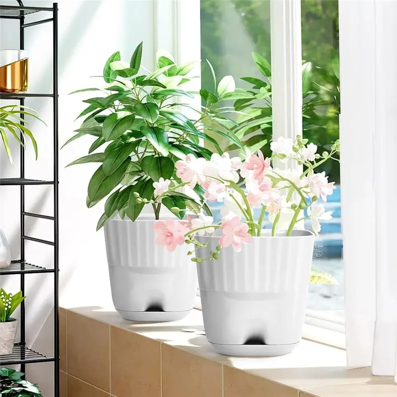 PZHI 6 Inch Flower Pots 5 Pack Square Plant Pots with Drainage Holes and Connecting Saucer Tray for Indoor Outdoor