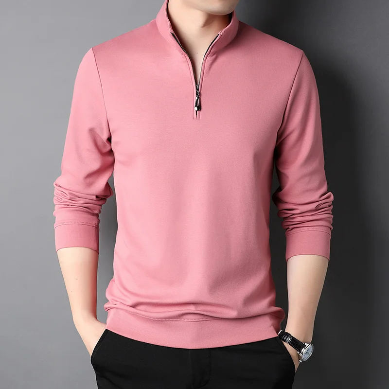 Polo de manga larga con cremallera para hombre, camiseta informal, lisa, coreana, Color sólido, 2023