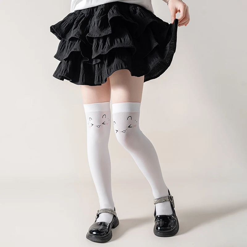 Cute Girls Thin Velvet Mid Calf Knee High Socks Featured Adorable Face Motifs Classic Jk Style Stretch Breathable Knit Stockings