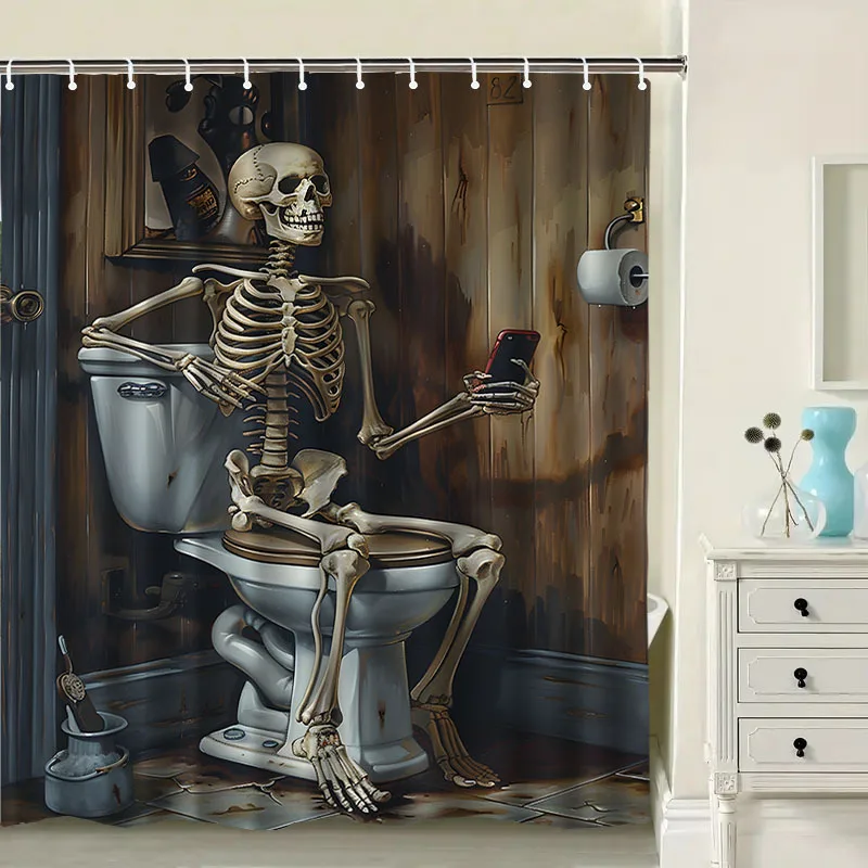 1pc Horror Skeleton Man Pattern Shower Curtain with Hook, Wash Shower Curtain, Bathroom Partition, Bathroom Additions, Home Deco